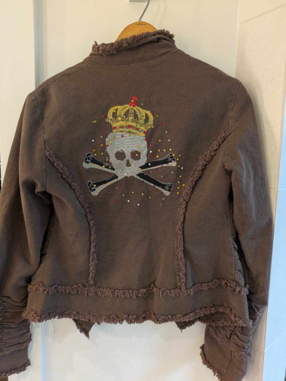 VTG GRIFFLIN Y2K Brown Distressed Moto Jacket Skull Crown Ruched Small Frayed.